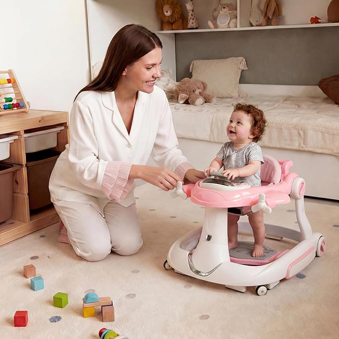 7 in 1 Foldable Baby Walker, Infant Activity Walker w/Adjustable Height, Detachable Play Tray with Music & Light, Baby Push Walker with Wheels for Boys Girls 7-18 Months, Speed Control, Pink