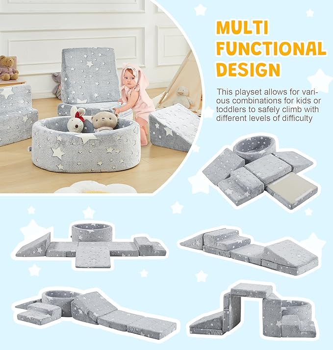 Elftopia Foam Climbing Blocks with Ball Pit & Stairs for Toddlers Aged 1-3 -Soft Playset for Indoor Crawling, Foam Playground Set for Baby to Active Playing Inside -(Balls NOT Included),Stars