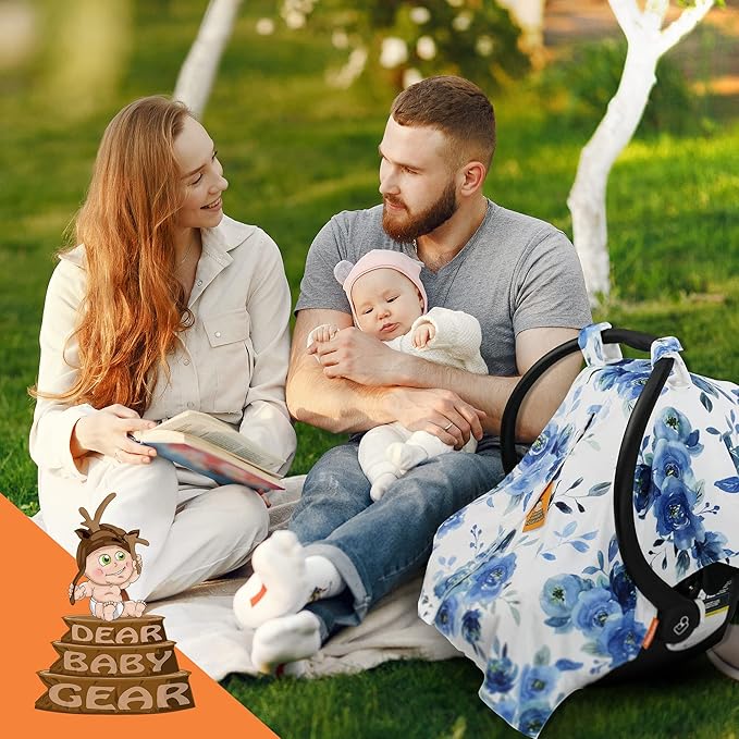 Dear Baby Gear Car Seat Cover for Boys & Girls - Baby Carseat Canopy w/Snap Opening - Infant Seat Cover - Stroller & Nursing Covers - Newborn Carrier Canopy - 40x30"(Blue Watercolor Roses, White Dot)