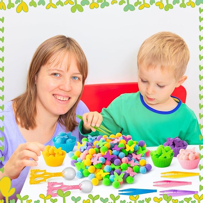 EZdhuawuse Spring Butterfly Sensory Bin Fillers - 268Pcs Easter Butterfly Fine Motor Skills Toys Color Counting Sorting Set for Kids, Felt Decor Pom Poms Cup Clip for Preschool Education Activities