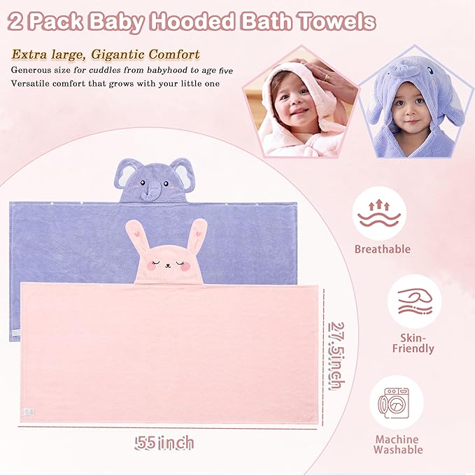 2 Pack Hooded Towels for Toddlers - Thick 55" x 27.5" Baby Bath Towel Set for Girls and Boys - Super Absorbent, Age 1-5, Elephant & Rabbit