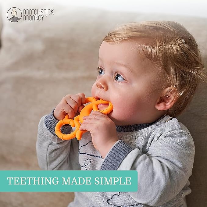 Matchstick Monkey Silicone Mini Teether & Gel Applicator – Silicone Baby Teether, Easy-to-Grip, BPA-Free, Supports Self-Soothing & Early Brushing, 3 Months+, 4 Inches, Orange