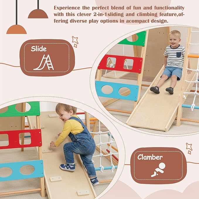 ZMAD Ladder Wall Gym & Climber – Featuring a Rock Climbing Wall, Wooden Swings, Gymnastic Rings, Rope Ladders, and Stretching Equipment for Indoor Playground for Toddlers & Children (9-in-1)
