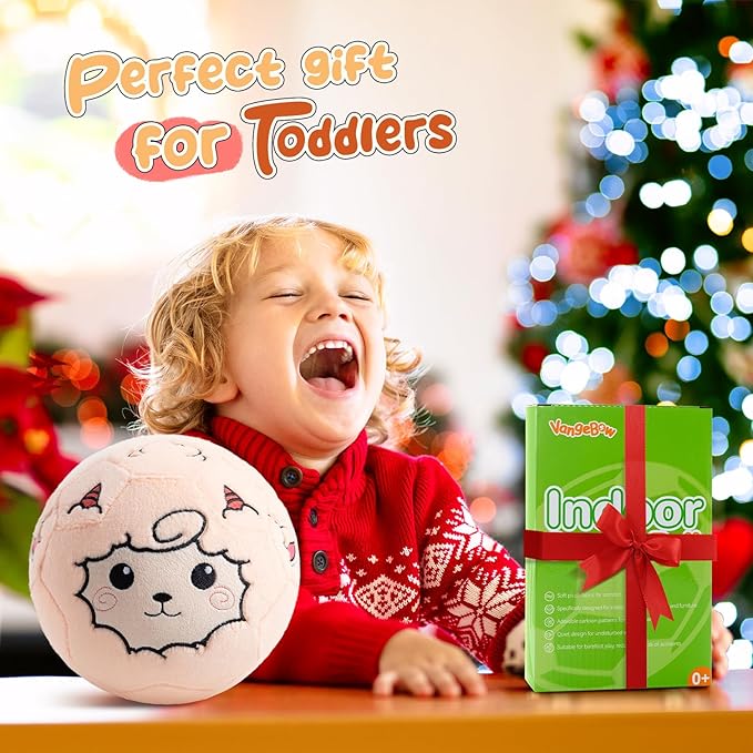 VangeBow Silent Indoor Soccer Balls for Toddlers 1-3, Inflatable Soft Plush Baby Toddler Soccer Ball Toys Gifts for Kid 3-5 Year Old Boy Girl First Birthday Gift (Sheep, Pump Include)