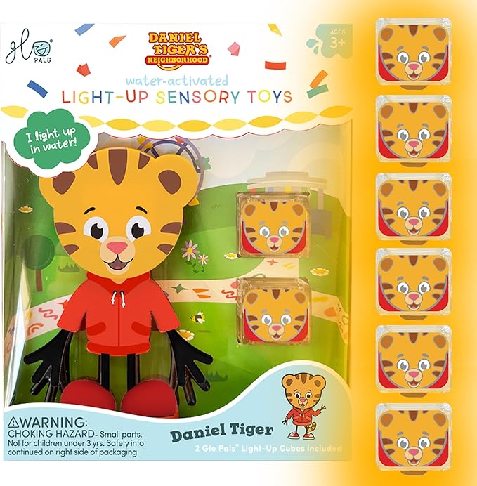 Glo Pals x Daniel Tiger's Neighborhood Water-Activated Bath Toy with 6 Reusable Light-Up Cubes for Sensory Play (Cubes with Character)