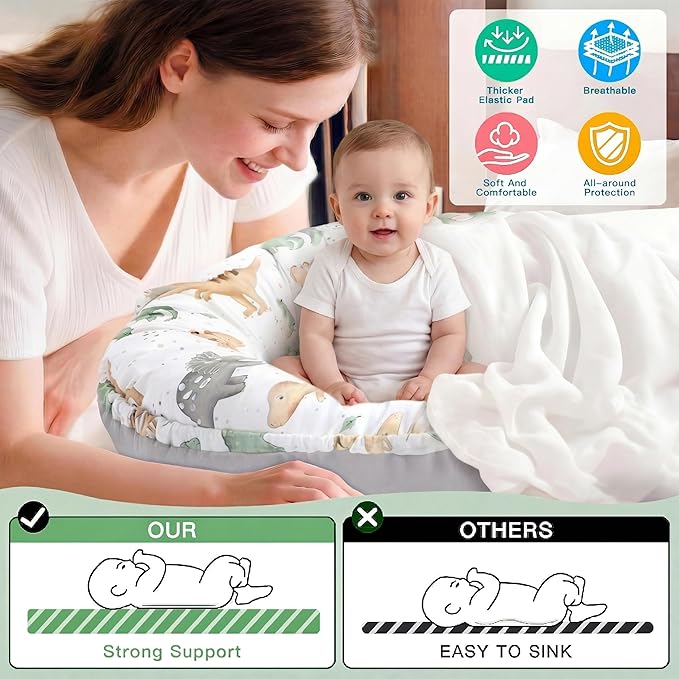 Alened Baby Lounger for Newborn 0-24 Months, Organic Cotton Infant Lounger on Floor for Supervised Tummy Time, Adjustable Portable Support Pad for New Born Awake Use Only - Dinosaur