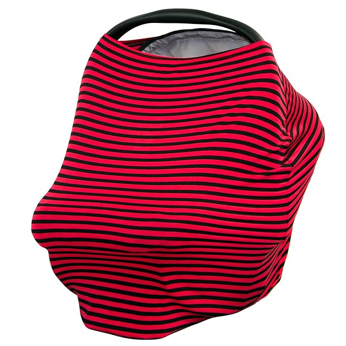 JLIKA Baby Car Seat Covers - Stretchy Infant Canopy and Nursing Cover for Breastfeeding Newborns Infants Babies Girls Boys Best Shower Gift Maternity Apron Infinity Scarf carseats (Red Black Stripe)