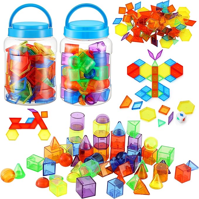 Faccito 200 Pcs Geometric Set Light Table Manipulatives Include 140 Translucent Pattern Blocks 60 3D Shape Geometric Solids with Dice for Educational Teaching Light Table Accessories