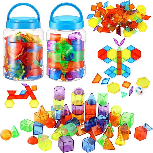 Faccito 200 Pcs Geometric Set Light Table Manipulatives Include 140 Translucent Pattern Blocks 60 3D Shape Geometric Solids with Dice for Educational Teaching Light Table Accessories