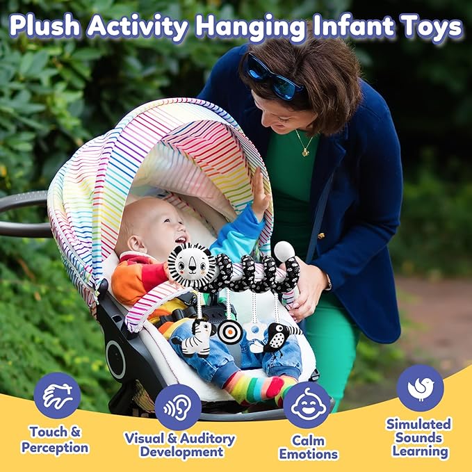 GKDOMS Baby Carseat Toy Black & White Rattle Spiral Hanging Activity Stroller Toy for Newborns Boys and Girls - Lion