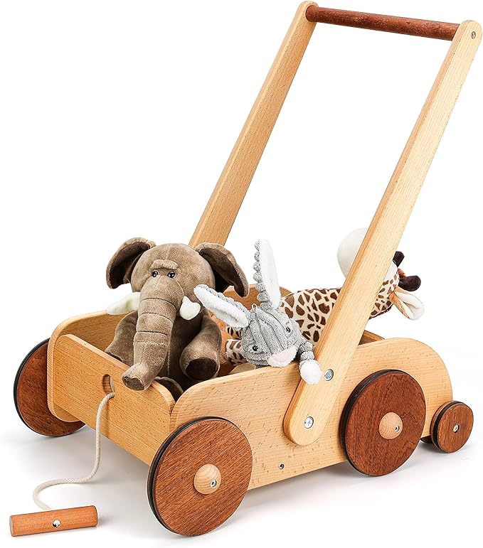 Woodtoe Wooden Baby Walker, Adjustable Speed Anti-Rollover Push Walker Toy for Babies Learning to Walk, Natural Toddler Push and Pull Toys Wagon, Montessori Birthday Toy Gift for Boy Girl 1 2 3 Years