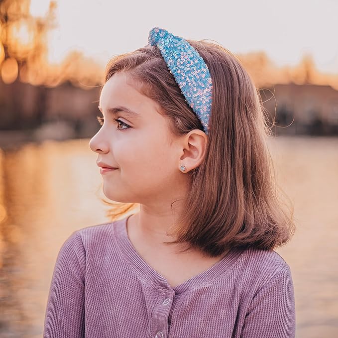 FROG SAC Sequin Knot Headband for Girls, Blue Knotted Hair Bands Accessories for Kids, Sparkly Iridescent Little Girl Headbands, Cute Fashion Hairbands for Tweens Stocking Stuffers for Children