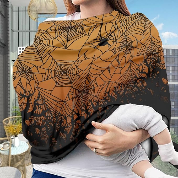 Coldinair Halloween Bat Print Nursing Cover for Breastfeeding, Spider Cobweb Pattern Privacy Nursing Covers Soft Nursing Carseat Canopy Covers - Breathable and Comfortable