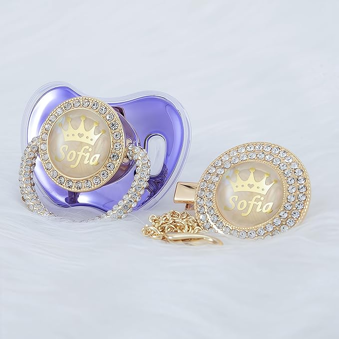 Personalized Name Anniversary All Bling Pacifier and Clip Set Gold Plated New Born Gift Photography No for Daily Use (Metallic Purple)