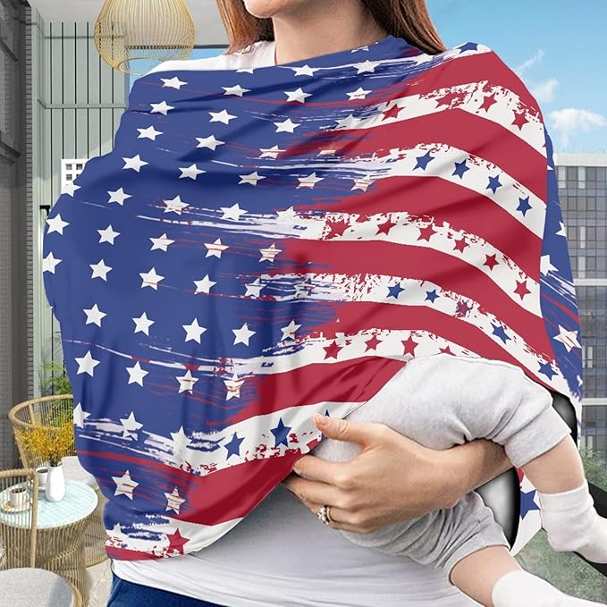 Coldinair American Flag Print Car Seat Cover for Babies Boys Girls,Soft Stretchy Nursing Cover,Breathable Infant Carseat Canopy,Shopping Cart/High Chair/Stroller Covers