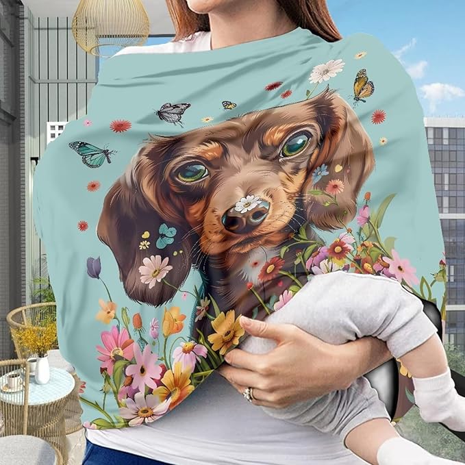 Wanyint Dachshund Dog Blue Stretchy Baby Car Seat Covers Carseat Canopy, Baby Breastfeeding Stroller High Chair Shopping Cart Cover