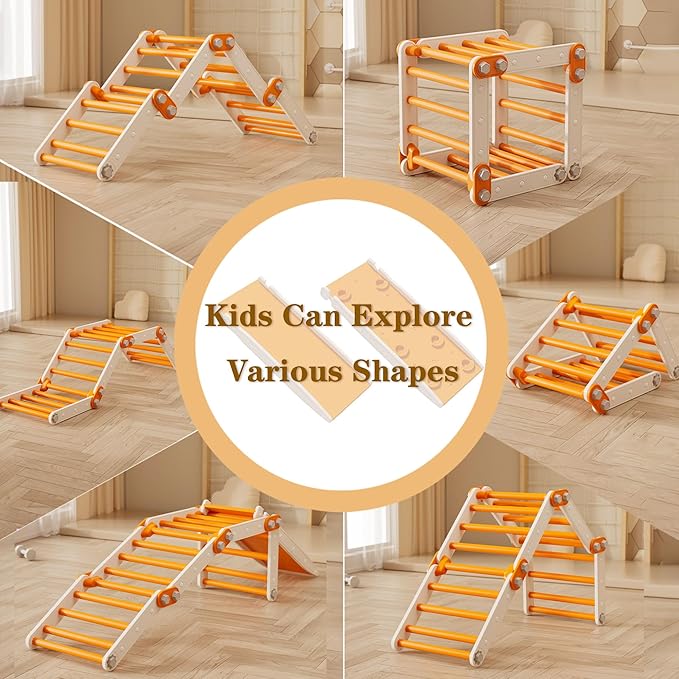 Slide Compatible Toddler Climbing Toys,Kids Pikler Triangle Set,Multifunction Foldable Indoor Kids Gym(Orange)