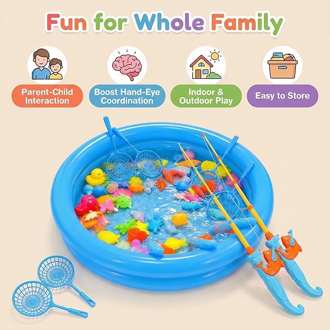 Magnetic Fishing Game Pool Toys for Kids, Water Table Bathtub Toy Fishing with Inflatable Pool, Water Bath Pool Outdoor Toys for Kids Outdoor Indoor Carnival Party Favors
