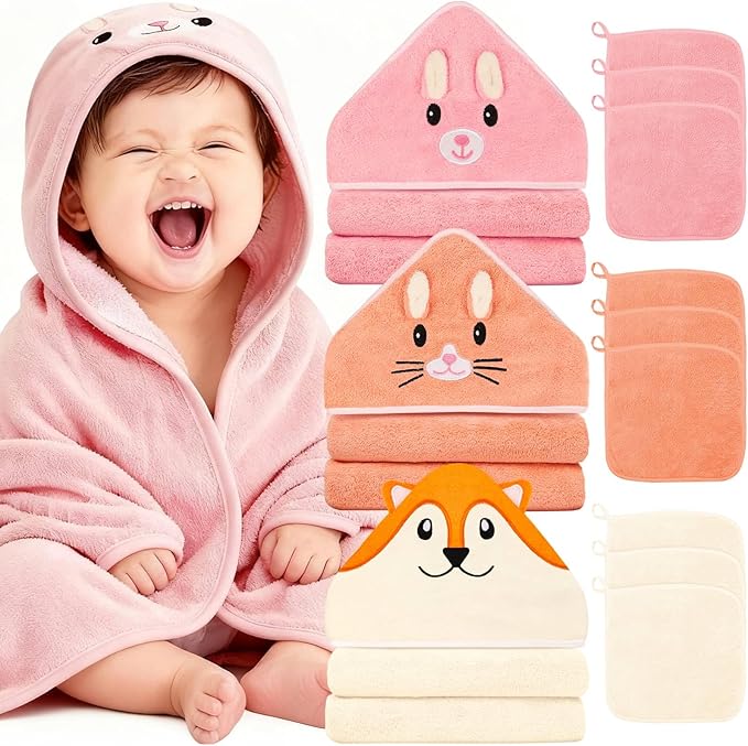 Sublaga 31x31 Inch Baby Hooded Towels, 12Pcs Baby Towels and Washcloths Set, Soft and Absorbent Baby Bath Towels, 3 PCS Cute 32x32 in Baby Towel with Hood and 9 Pcs Baby Washcloths for Boys and Girls