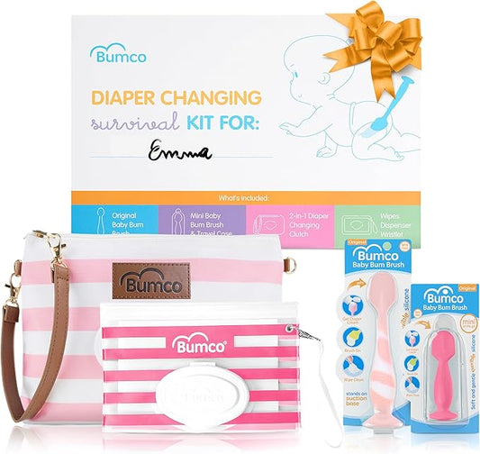 Bumco Baby Essentials Set - Personalized Diaper-Changing Baby Shower Gifts for Girls, Baby Gift Set with 2 Baby Bum Brushes (Original & Mini) + Diaper Clutch Bag + Wipes Wristlet, Newborn Gift Set