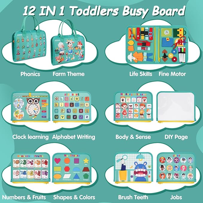 Montessori Busy Board - Sensory Learning Toys for Toddlers 3-6 Years-10 Pages-32 Activities, Airplane Car Travel Educational Toys for Autism, 3 Years Boy Birthday Gift (Cyan)