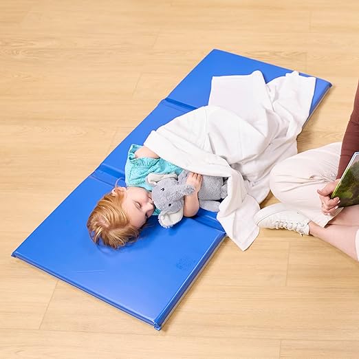 ECR4Kids-ELR-0883 Everyday 3-Fold Daycare Rest Mat, Folding Rest Mat, Sanitary Design, Low Maintenance, Certified and Safe, No Assembly Required, 2" Thick, Single Mat, Blue/Grey