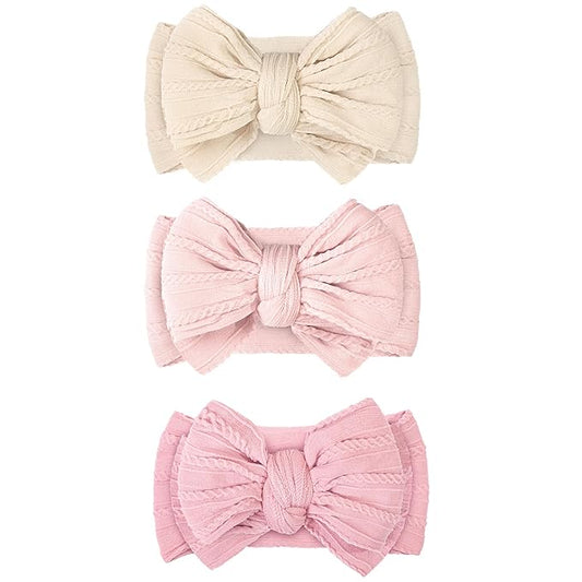 JOYOYO 3 Pcs Soft Wide Turban Baby Headbands with Double-Layer Bow for Baby Girls, Newborns, Toddlers(Beige, Pearl Pink, Pink)