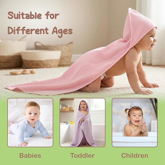 100% Organic Cotton Muslin Baby Hooded Towels - 32x32 Inch, 2 Pack Newborn Bath Towels for Boys & Girls, Soft & Absorbent Bath Set (Light Pink/Light Purple)