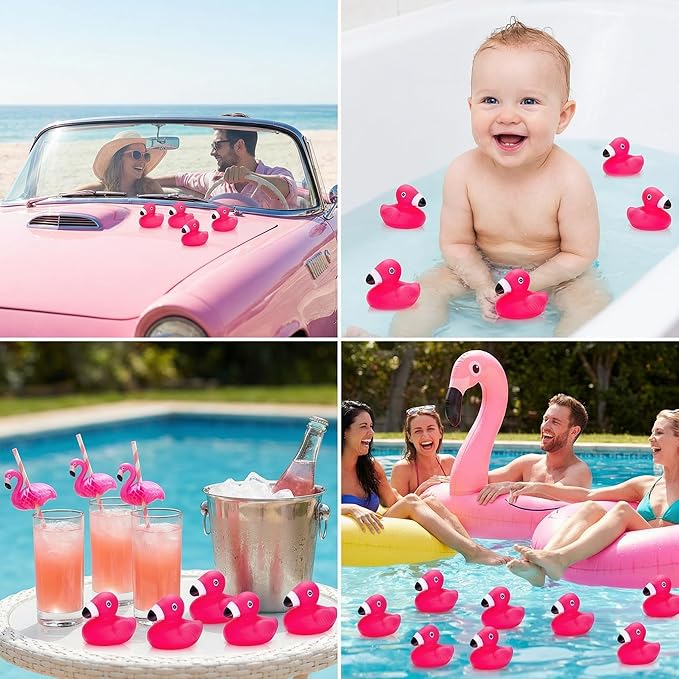 Goaste 50 Pieces Flamingo Rubber Ducks Bulk, Pink Flamingo Bath Toys, Cute Floating Squeaky Bathtub Ducks for Baby Shower, Birthday Party, Cake Decoration, Classroom Prizes