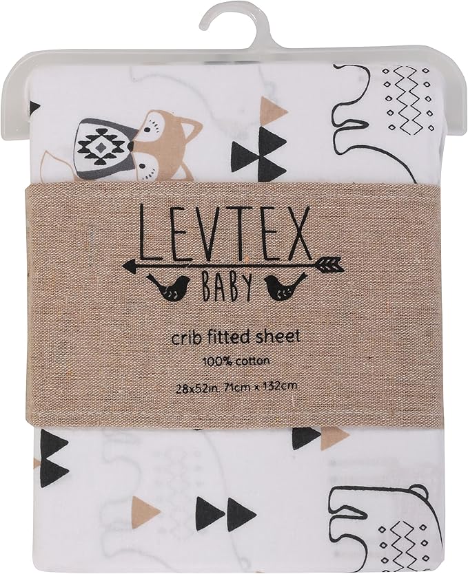 Levtex Baby - Bailey Bear Crib Fitted Sheet - Fits Standard Crib and Toddler Mattress - Tossed Bear, Fox and Deer - Black, Tan and White - Nursery Accessories - 100% Cotton