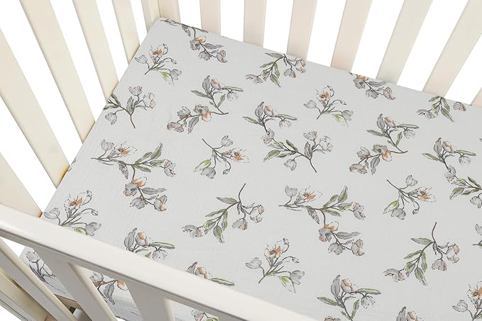 Onacosht Muslin Mini Crib Sheets, 39" x 27" Pack and Play Mattress Sheets Fitted for Pack N Play, Soft Cotton for Boys Girls, 2 Pack, Leaf and Yellowish Green