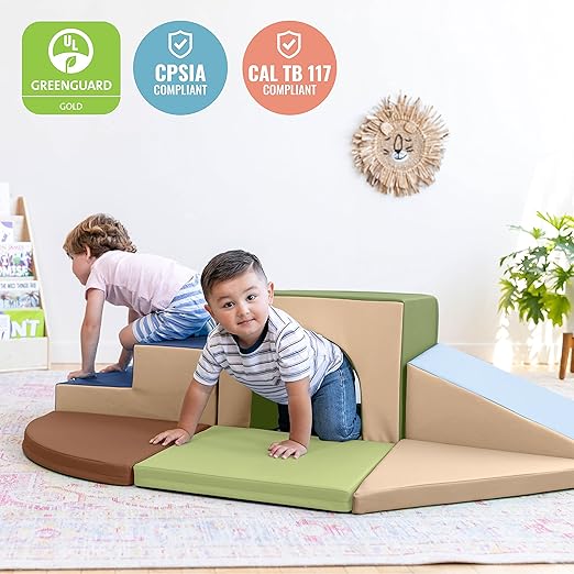 ECR4Kids SoftZone Lincoln Tunnel Climber, Toddler Playset, Earthtone, 9-Piece