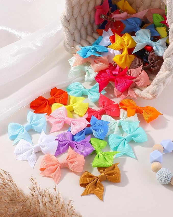 doboi 50PCS 2.5'' Baby Hair Clips Small Bows Fully Lined Grosgrain Boutique Solid Ribbon Small Bows for Girls Teens Infants Kids Toddlers Newborn (Bright colors)