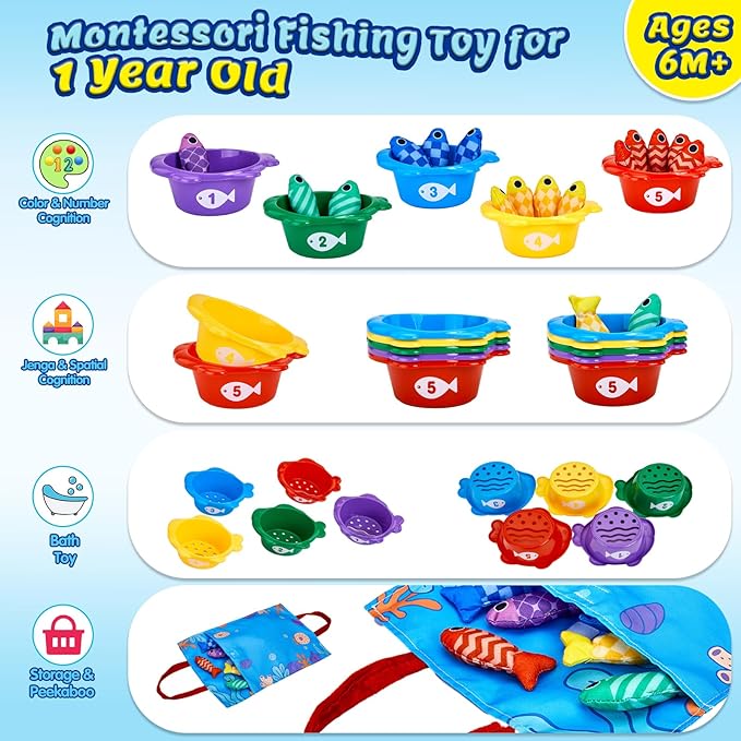 Montessori Toys for 1 Year Old Boy Girl Birthday Gift- Cloth Fishing Game for Toddler1-3 with Stacking Cups Number Color Counting, Learning Educational Toys Baby Toys 12-18 Months