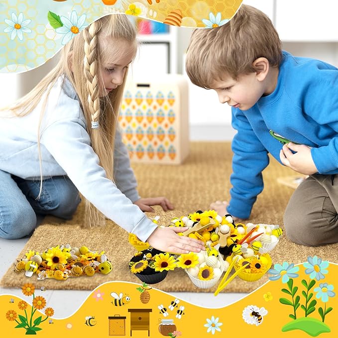 196Pcs Sensory Bin Filler, Fine Motor Toys Bee Themed Sensory Bin Items Counting Sorting Toy Colorful Pom Poms Cup Bee Honeycomb Wooden Scoop for Preschool Education Activities