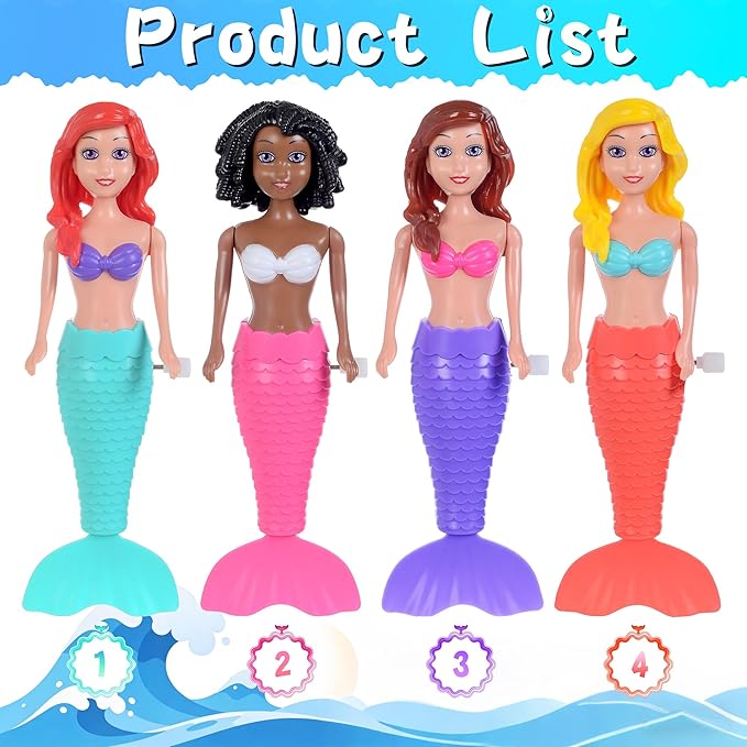dollbie 4-Pack Wind-Up Mermaid Bath Toys for Kids -Toddler Bath Toys for Kids Moving Tail Priness Doll Diverse Hair Colors & Styles Mermaids, Swimming Pool Party Favors