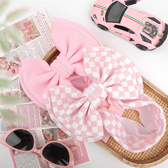 YanJie 2PCS 7’’ Light Pink Bows for Baby Girls Checkered Headband Double Layered Bow Infants Toddler Hair Accessories Newborn Headbands Baby Clothes