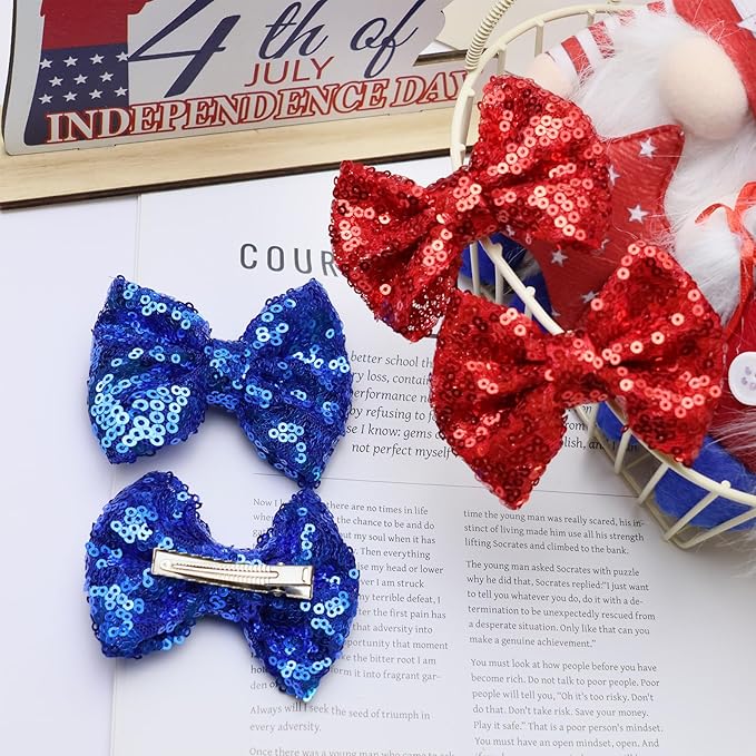 4th of July Hair Accessories: Sequin Alligator Clips, Glitter Bows, Barrettes for Girls, Teens Gift