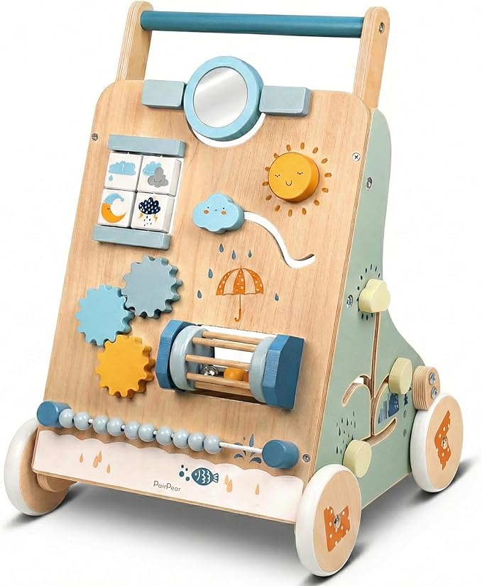 PairPear Wooden Baby Walker with Wheels, Speed & Height Adjustable Activity Push Walker Toy for Babies, Montessori Sit & Play Push Toy Gift for Toddlers 12+ Months