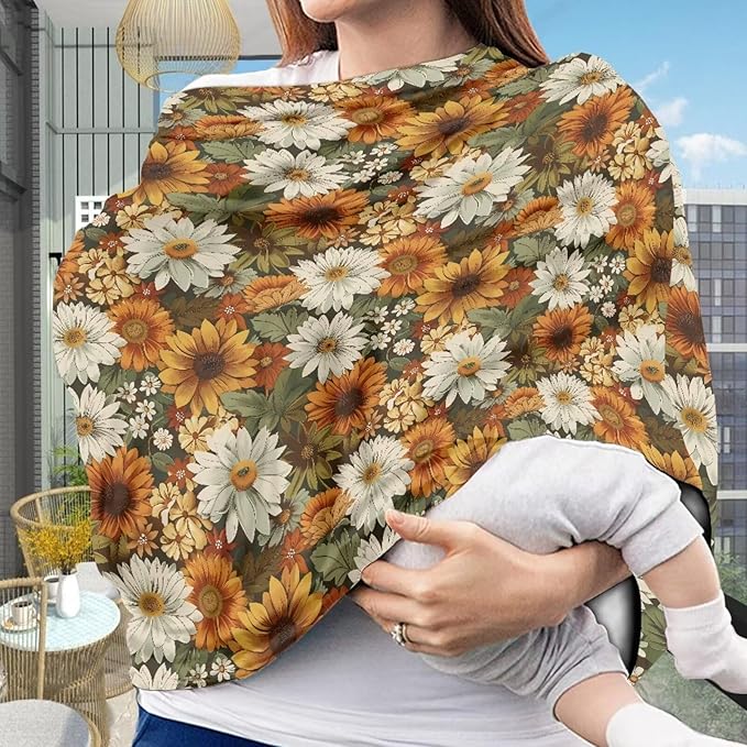 Forchrinse Sunflower Daisy Print Baby Car Seat Canopy for Boys Girls - Soft Nursing Breastfeeding Cover Baby Car Seat Cover for Shopping Cart/High Chair/Stroller Cover