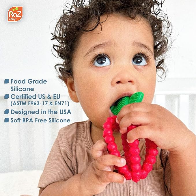 RaZbaby Silicone Infant and Baby Teething Toy Bundle - 3m+ - Soothe Sore Gums Back & Front with Natural Fruit Shape Designs