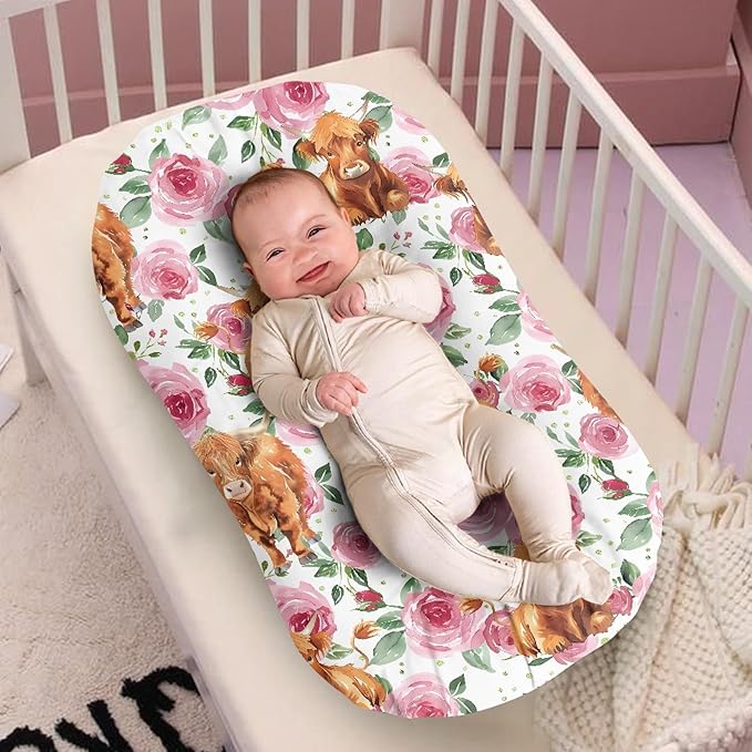 Rose Highland Cattle Baby Crib Cover Infant Lounger Pillows Snuggle Nest Baby Lounger Newborn Lounger Pillow for Infants Travel Holiday