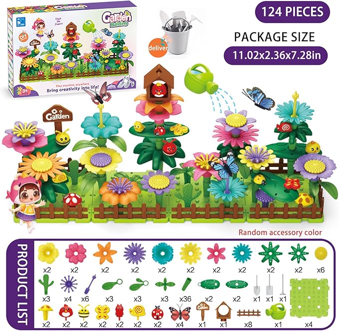 Winbar 124 PCS Garden Building Toy, DIY Building Block for Children Aged 3, 4, 5, 6. Flower Block for Children's Garden Scenes Suitable Education and Birthday Gifts Preschool Children