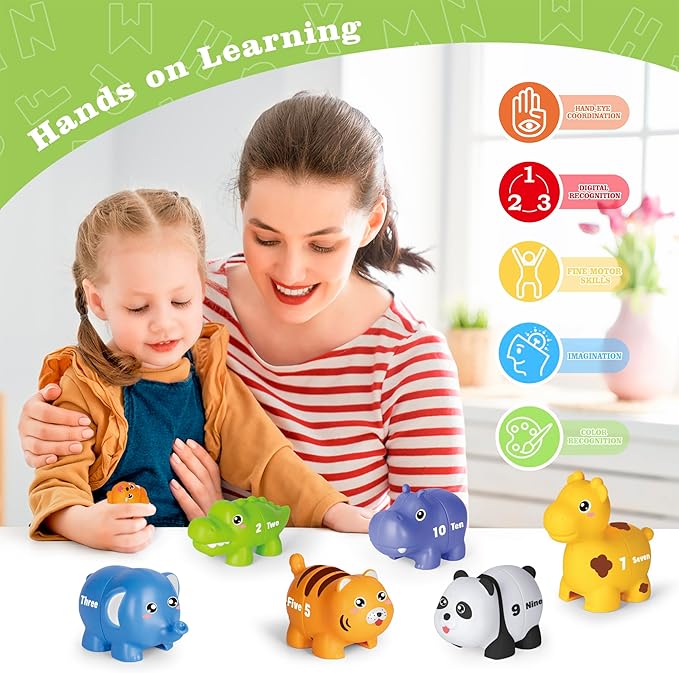 Jetbotell Learning Toys for 2 3 4 Year Old, 20 Pcs Number Matching Game with Digital English, 10 Different Animal Figures, Preschool Activities Montessori Fine Motor Toys for Toddlers Kids