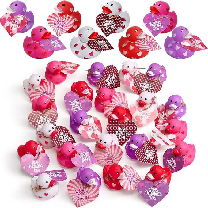 Jerify 48 Pcs 2 Inch Valentines Rubber Ducks Bulk with Gift Cards Mini Heart Rubber Duckies Bath Toys Valentine's Day Gift for Kids Classroom Favors Prizes Exchange (Colorful)