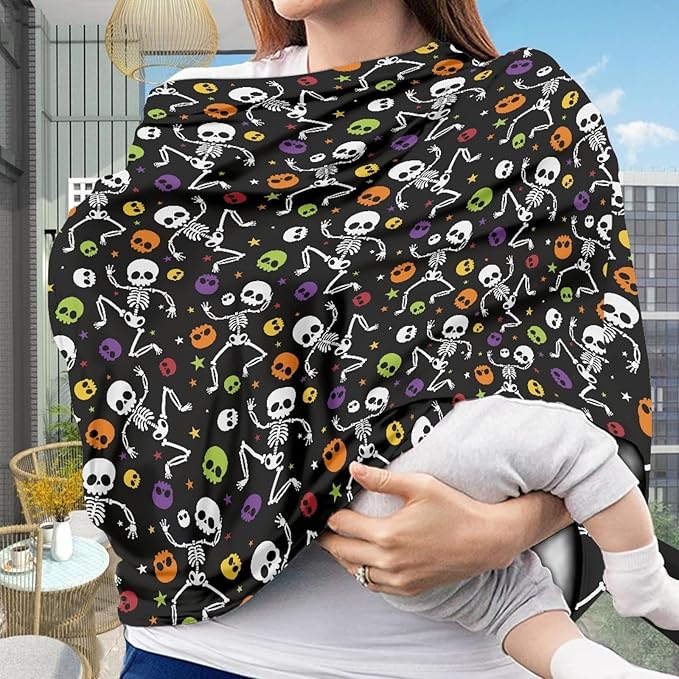 Coldinair Halloween Skull and Stars Print Nursing Cover for Baby Breastfeeding, Soft Privacy Nursing Cover for Mom Breathable Multi-use Nursing Carseat Canopy Covers
