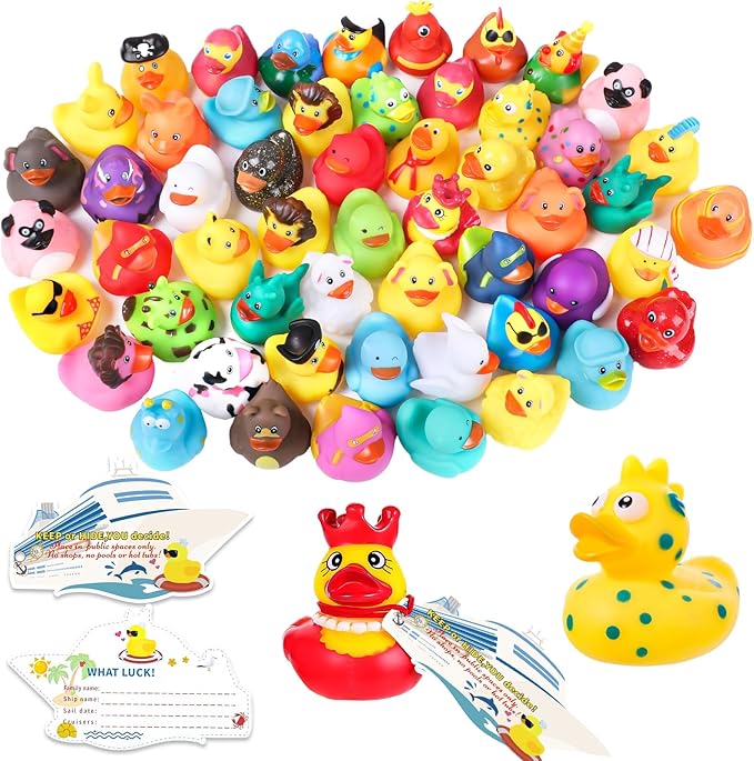 150 Pcs Cruise Ducks Tags Kits Includes 50 Pcs Cruising Ducks with 50 Pcs Cruise Duck Tags and 50 Pcs Rubber Bands Random Assorted Rubber Ducks for Cruise Ship Hiding Ducks