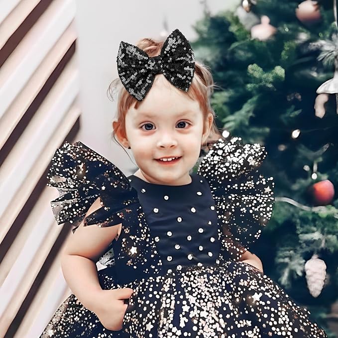 Hair Clip for Girls, 5 inches Sequins Large Bow with Alligator Clip for Bows Hair Accessories, Black