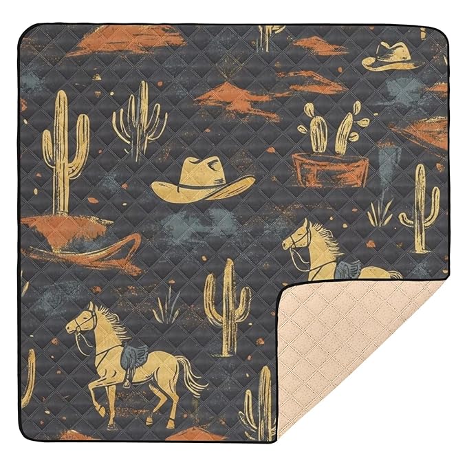 Baby Play Mat Western Cowboy Horse Cactus 50" X 50" Play Gym Crawling Mat Soft Non-Slip Portable Picnic Floor Mat for Infant, Babies, Toddler, Kids