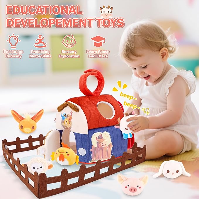 deAO Baby Toys Soft Barn Toy Plush Farm Animal Playset with Rattle, Crinkle Paper Mirror for Babies Sensory Toy for Newborn Infant Boy Girl Age 18+ Months Birthday Gifts